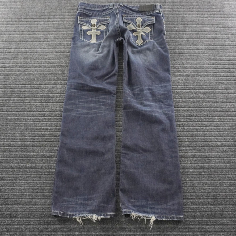 Affliction Cooper Relaxed Boot Jeans Mens 36 Blue Cross Embroidery Distressed